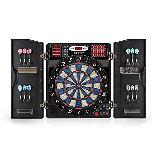 Jeu de fléchettes électronique OneConcept, idéal pour tous niveaux, 38 jeux, design élégant avec portes en bois protectrices. Cadeau parfait pour des moments conviviaux.