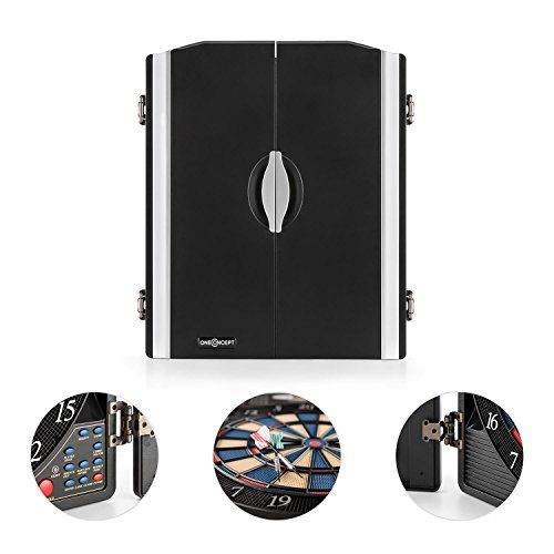 Jeu de fléchettes électronique OneConcept, idéal pour tous niveaux, 38 jeux, design élégant avec portes en bois protectrices. Cadeau parfait pour des moments conviviaux.