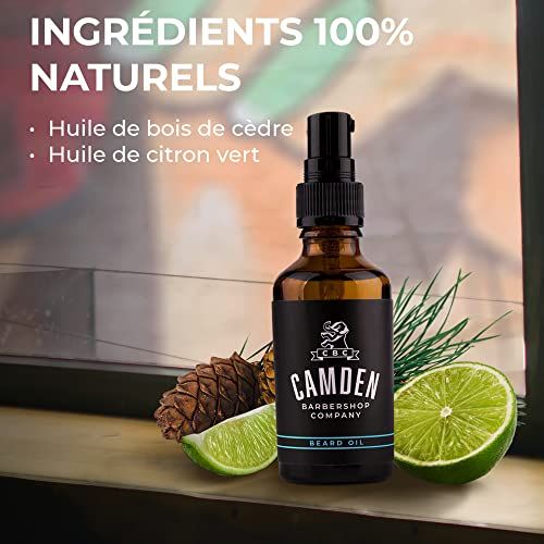 Kit de soins pour barbe avec huile hydratante, brosse en noyer, peigne, cire parfumée, ingrédients naturels et e-book d'astuces pour barbes impeccables.