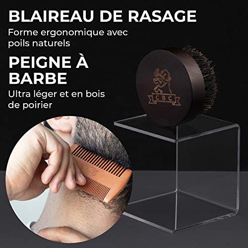Kit de soins pour barbe avec huile hydratante, brosse en noyer, peigne, cire parfumée, ingrédients naturels et e-book d'astuces pour barbes impeccables.