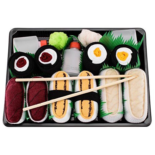 Coffret chaussettes sushi décalé, cadeau original pour amateurs de sushis, emballage imitant plateau, effet surprise, rires garantis, pour toutes occasions.