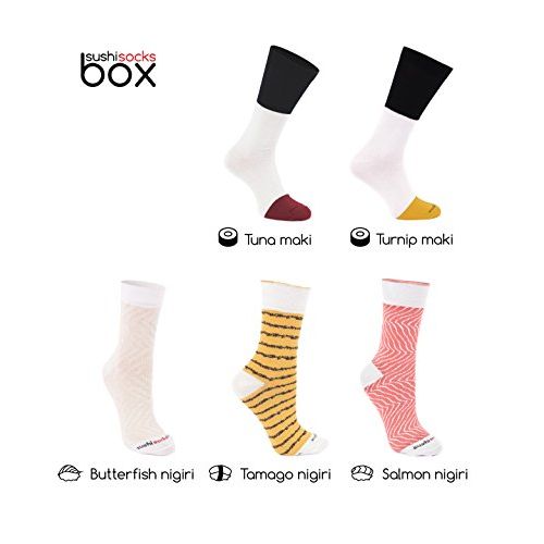 Coffret chaussettes sushi décalé, cadeau original pour amateurs de sushis, emballage imitant plateau, effet surprise, rires garantis, pour toutes occasions.