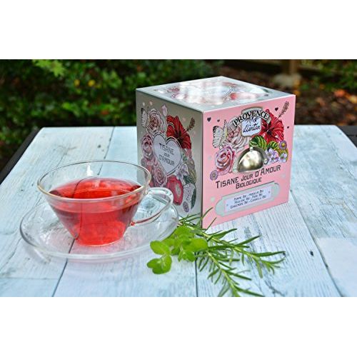 Coffret Tisane Bio Jour d'amour de Provence d'Antan, boîte métallique vintage avec ingrédients bio.