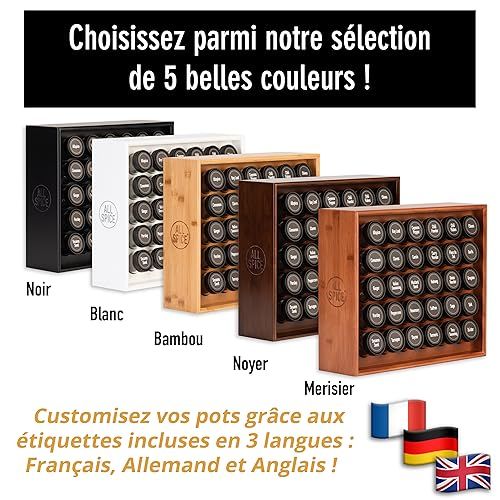 Étagère à épices en bois massif AllSpice, chic et pratique, idéale pour passionnés de cuisine, organise 30 pots en verre avec étiquettes incluses.