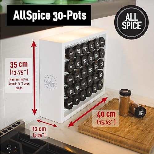 Étagère à épices en bois massif AllSpice, chic et pratique, idéale pour passionnés de cuisine, organise 30 pots en verre avec étiquettes incluses.