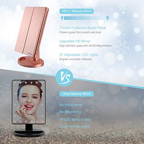 Miroir de maquillage WEILY avec lumières LED et grossissement 2x 3x, design pliable.