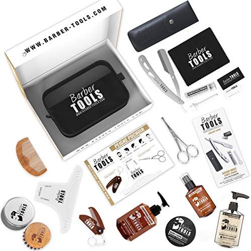 Set de soin de barbe pour homme avec huiles, baumes, outils et sac, idéal cadeau fabriqué en France, pour occasions spéciales