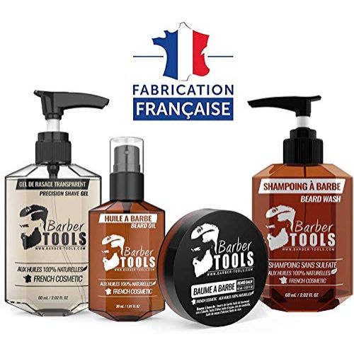 Set de soin de barbe pour homme avec huiles, baumes, outils et sac, idéal cadeau fabriqué en France, pour occasions spéciales