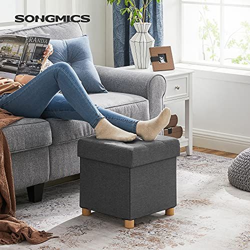 Pouf coffre de rangement élégant en tissu façon lin, avec capacité de 37L, pieds en bois antidérapants. Polyvalent pour rangement, siège et décoration intérieure.