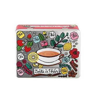 Boîte à thé métallique colorée et humoristique Derrière La Porte pour amateurs de thé et décoration de cuisine ludique.