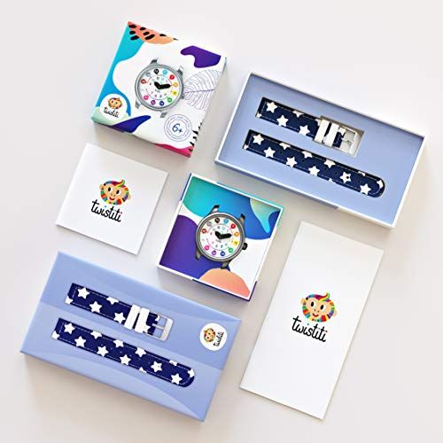 Montre éducative Twistiti colorée pour enfants, cadran intuitif, bracelet adaptable.