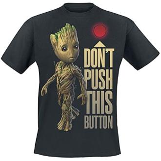 T-shirt Gardiens de la Galaxie avec Baby Groot et bouton rouge humoristique pour fans de Marvel.