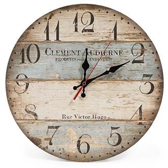Horloge murale rustique avec style vintage français et mécanisme silencieux en bois MDF.