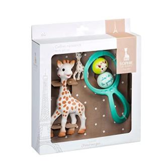 Coffret de naissance Sophie la Girafe avec jouet et hochet pour bébé dans emballage luxueux