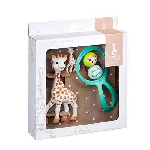 Coffret de naissance Sophie la Girafe avec jouet et hochet pour bébé dans emballage luxueux