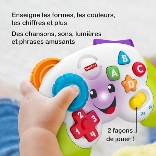 Manette éducative Fisher-Price pour bébés, avec boutons colorés et sons pour apprentissage ludique.