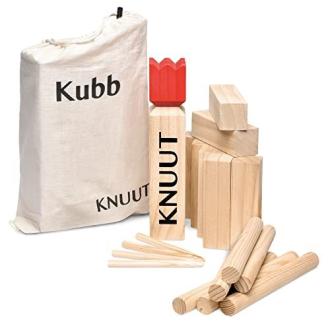 Jeu de Kubb en bois certifié FSC pour loisirs extérieurs et activité de groupe.