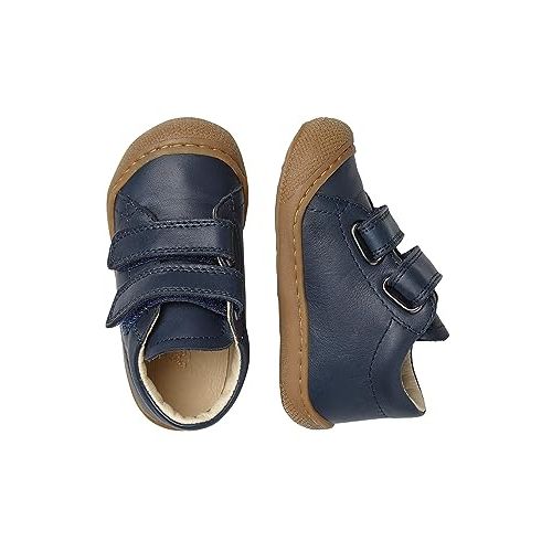 Chaussures premiers pas Naturino en cuir avec cheville rembourrée, talon renforcé et fermeture velcro pour enfants.