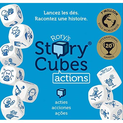 Jeu Rory's Story Cubes : Actions, neuf dés stimulants pour créer des histoires, idéal pour enfants et adultes, développe créativité et rires partagés.