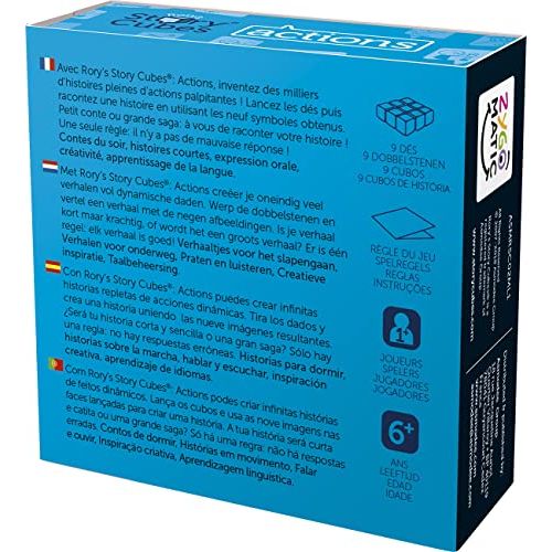 Jeu Rory's Story Cubes : Actions, neuf dés stimulants pour créer des histoires, idéal pour enfants et adultes, développe créativité et rires partagés.