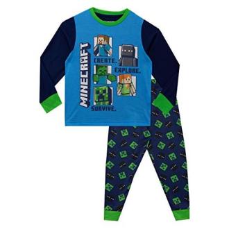 Pyjama Minecraft garçon avec motifs Steve et Alex, confortable et coloré pour fans du jeu vidéo.