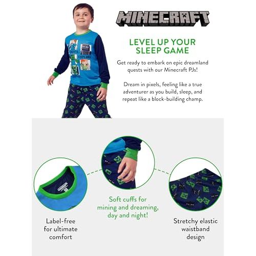 Pyjama Minecraft garçon avec motifs Steve et Alex, confortable et coloré pour fans du jeu vidéo.