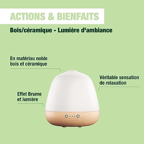 Diffuseur d'huiles essentielles Pranarôm Cera en bois d'hévéa et céramique, design italien élégant, diffusion ultrasonique, ambiance lumineuse apaisante.