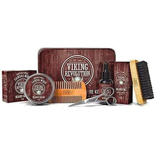 Pack d'entretien de la barbe Viking Revolution avec brosse, huile santal, baume, peigne, ciseaux. Cadeau parfait pour hommes barbus.