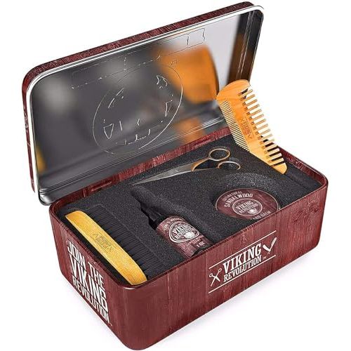 Pack d'entretien de la barbe Viking Revolution avec brosse, huile santal, baume, peigne, ciseaux. Cadeau parfait pour hommes barbus.