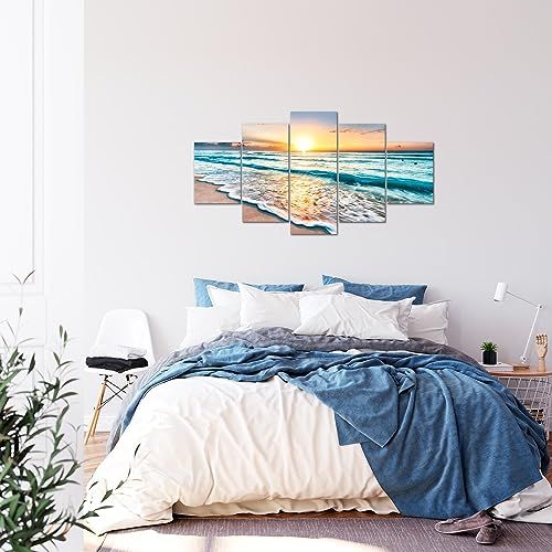 Toile Runa Art cinq pièces coucher de soleil plage éco-responsable installation facile décoration intérieure.
