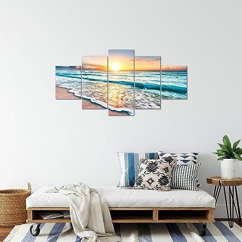 Toile Runa Art cinq pièces coucher de soleil plage éco-responsable installation facile décoration intérieure.