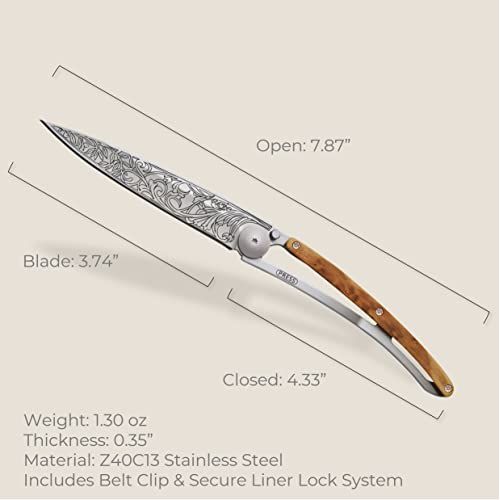 Couteau de poche Deejo élégant avec gravure Art Nouveau, léger et multifonctionnel, idéal pour cadeau.