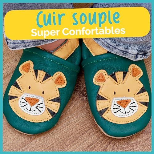 Chaussons en cuir souple bébé, cadeau idéal naissance, confortables, antidérapants, disponibles en plusieurs couleurs et motifs pour jeunes parents.