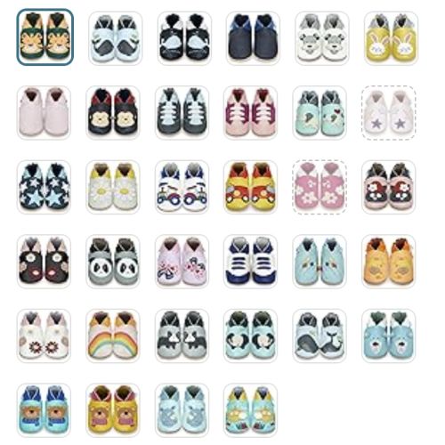 Chaussons en cuir souple bébé, cadeau idéal naissance, confortables, antidérapants, disponibles en plusieurs couleurs et motifs pour jeunes parents.