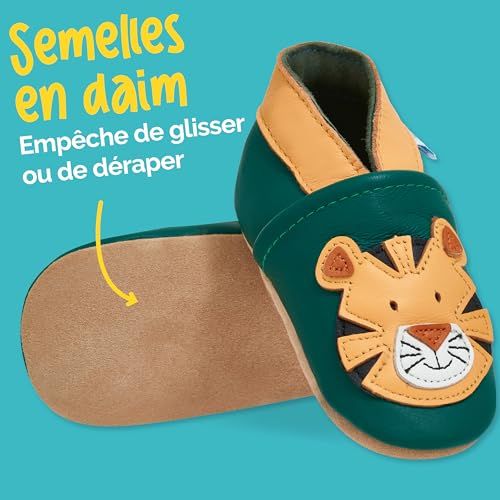 Chaussons en cuir souple bébé, cadeau idéal naissance, confortables, antidérapants, disponibles en plusieurs couleurs et motifs pour jeunes parents.
