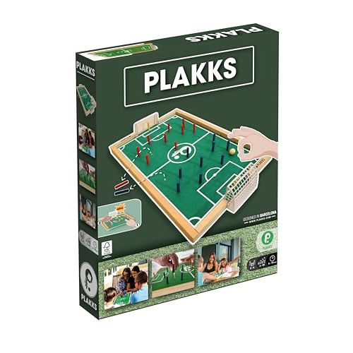 Jeu Plakks, mélange football et stratégie, design en bois élégant.