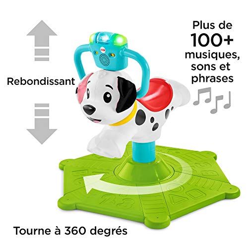 Jouet éducatif Fisher-Price Chien Tourni-Rebond, développe capacités motrices, cognition enfants 1 an, design stable, ludique, interactif, sécurisé.