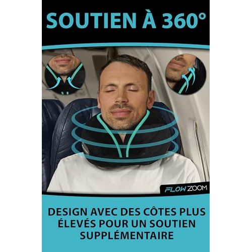 Oreiller de voyage ergonomique avec soutien à 360 degrés, idéal pour un confort optimal durant les trajets en avion, train ou voiture.