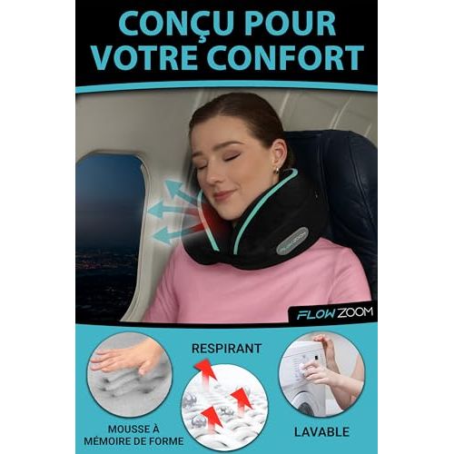 Oreiller de voyage ergonomique avec soutien à 360 degrés, idéal pour un confort optimal durant les trajets en avion, train ou voiture.
