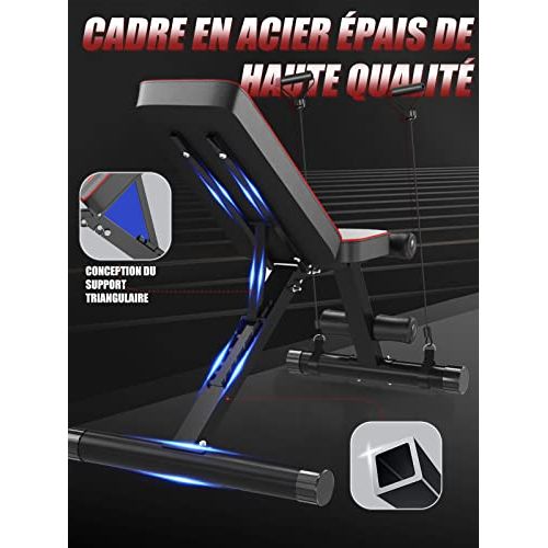 Banc de musculation pliant avec plusieurs positions réglables pour un entraînement polyvalent et confortable.