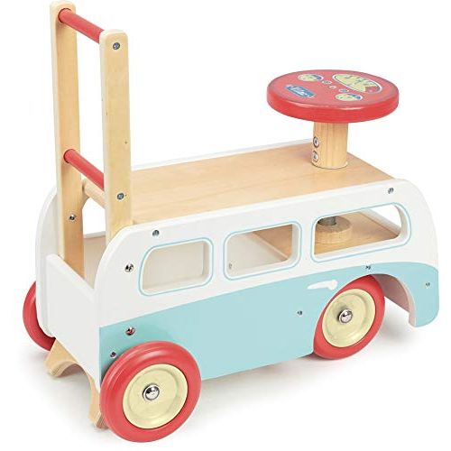 Porteur minibus rétro en bois Vilac pour enfants, design vintage et durable.