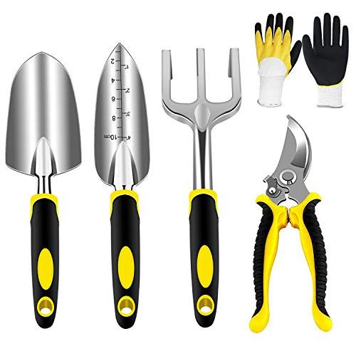 Kit d'outils de jardinage pour jardinier amateur : sécateur, truelle, transplanteur, râteau à main, gants. Légers, solides, prise en main confortable. Bon rapport qualité-prix.