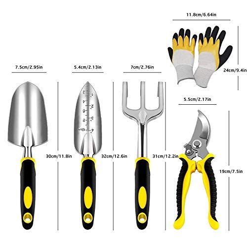 Kit d'outils de jardinage pour jardinier amateur : sécateur, truelle, transplanteur, râteau à main, gants. Légers, solides, prise en main confortable. Bon rapport qualité-prix.