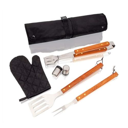 Tablier barbecue avec ustensiles en acier inoxydable, pratique, pliable en mallette, cadeau idéal pour amateurs de grillades et fêtes en plein air.