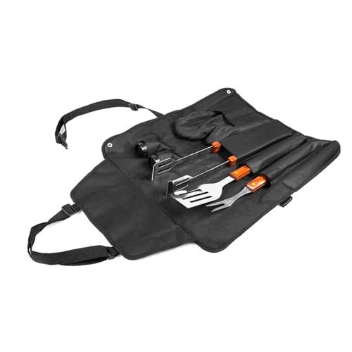Tablier barbecue avec ustensiles en acier inoxydable, pratique, pliable en mallette, cadeau idéal pour amateurs de grillades et fêtes en plein air.