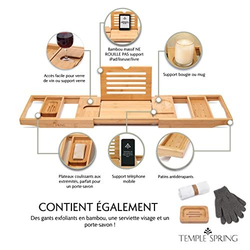 Plateau de baignoire en bambou Temple Spring, extensible, idéal pour détente et organisation, avec porte-savon et gants inclus. Cadeau parfait pour amoureux du bain.