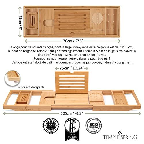 Plateau de baignoire en bambou Temple Spring, extensible, idéal pour détente et organisation, avec porte-savon et gants inclus. Cadeau parfait pour amoureux du bain.