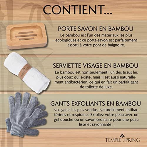 Plateau de baignoire en bambou Temple Spring, extensible, idéal pour détente et organisation, avec porte-savon et gants inclus. Cadeau parfait pour amoureux du bain.