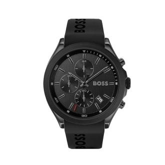 Montre Hugo Boss Velocity noire, élégante et sportive avec chronographe, bracelet en silicone, étanche 5 ATM, idéale pour cadeau raffiné et fonctionnel.