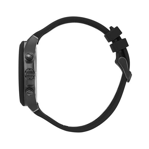 Montre Hugo Boss Velocity noire, élégante et sportive avec chronographe, bracelet en silicone, étanche 5 ATM, idéale pour cadeau raffiné et fonctionnel.